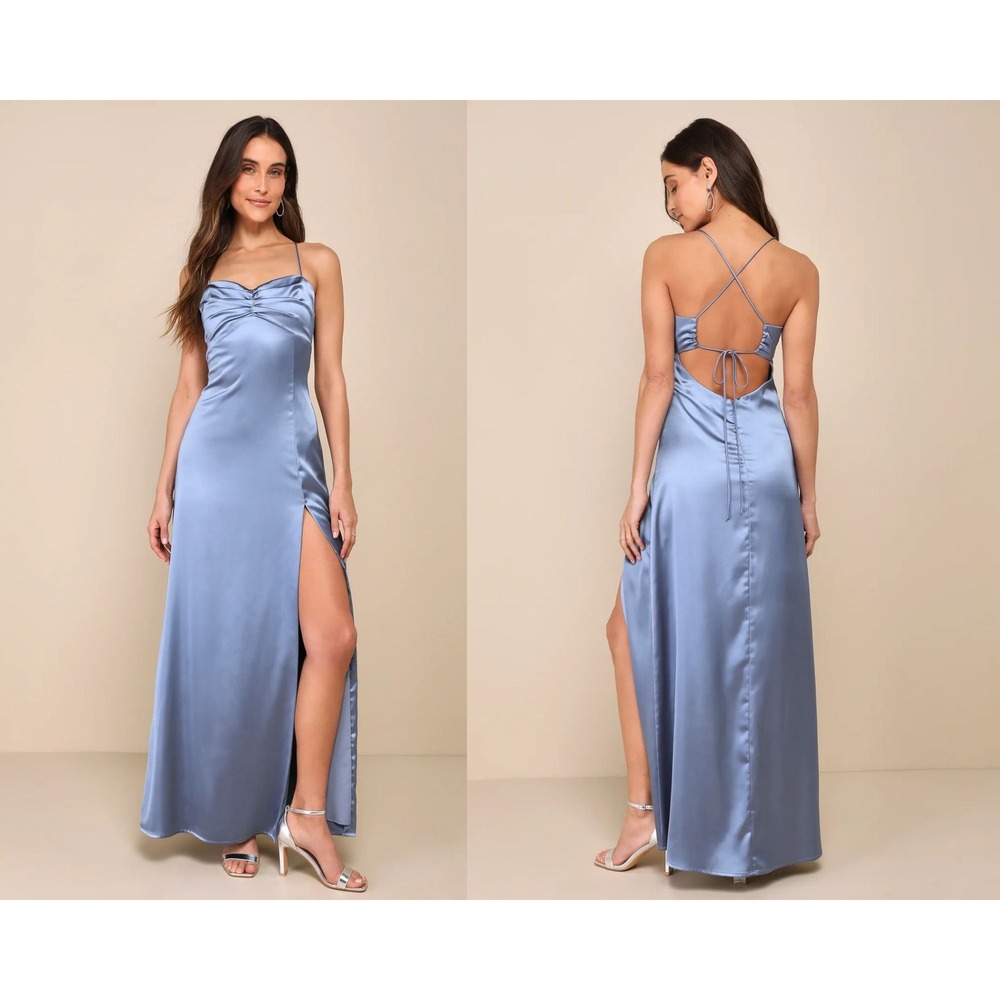 Lulu's Satin Slip Maxi Dress in Dusty Blue